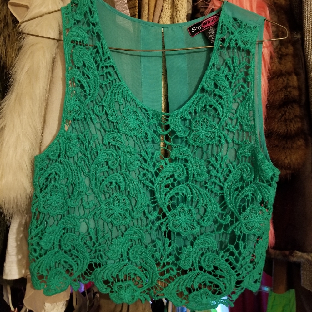 Green lace crop top w/ open back